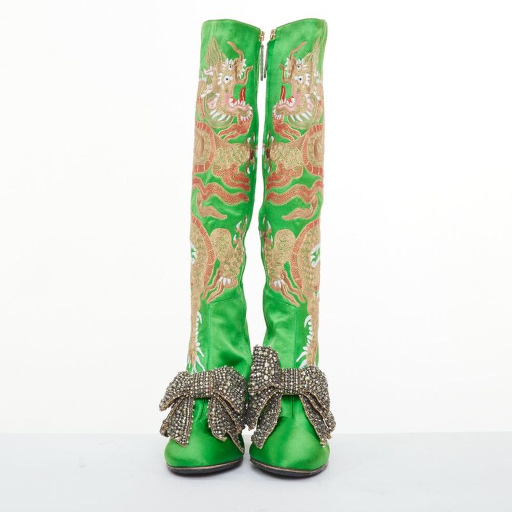 rare GUCCI 2017 Runway Caspar green satin dragon embroidered boot heels EU39 - Picture 3 of 8